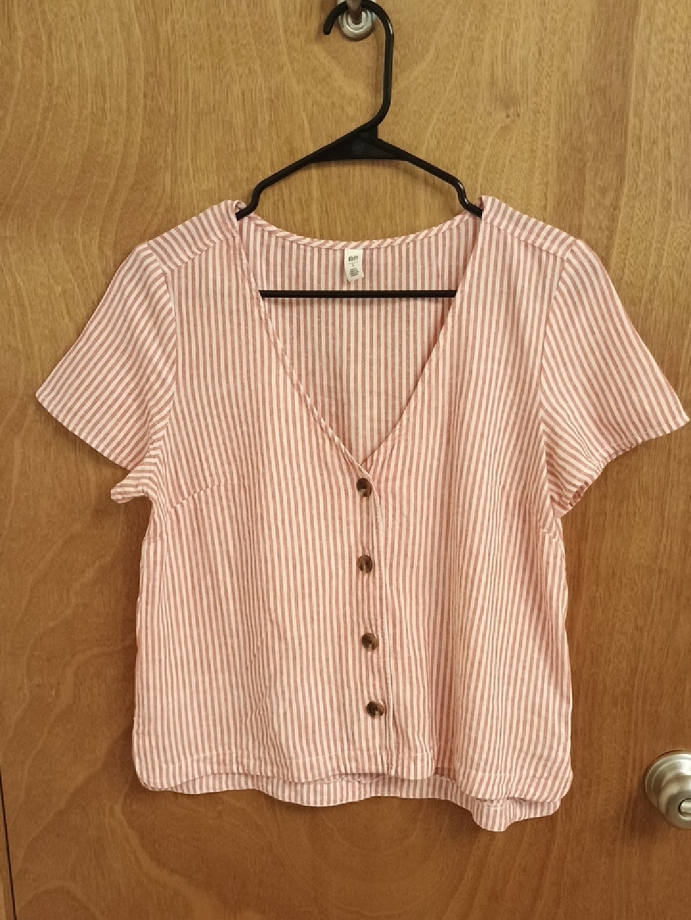 BP Red and White Striped Button-Down V-Neck Linen Top